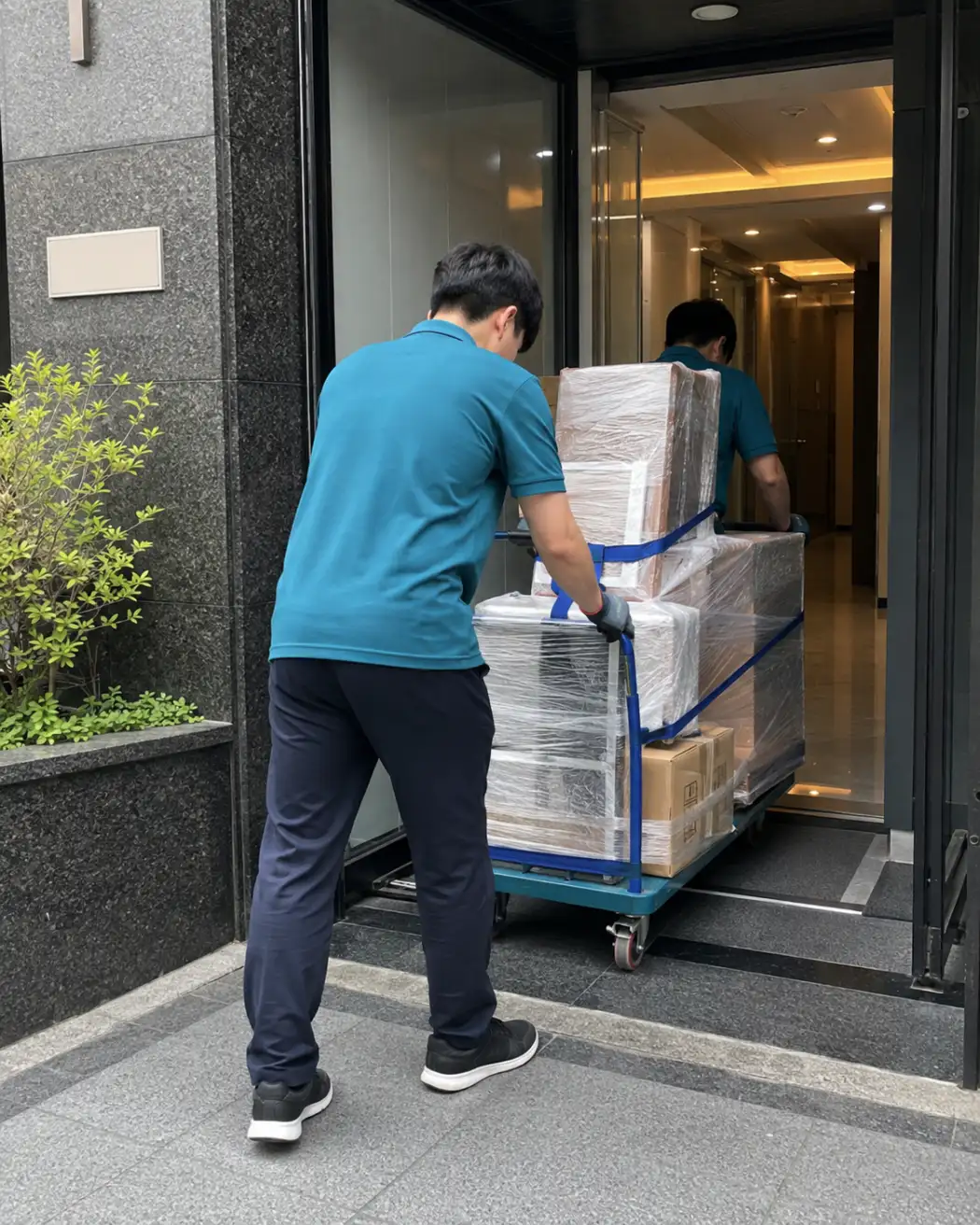 도착지에서 운반 카트를 이용해 포장된 짐을 안전하게 이동했습니다.